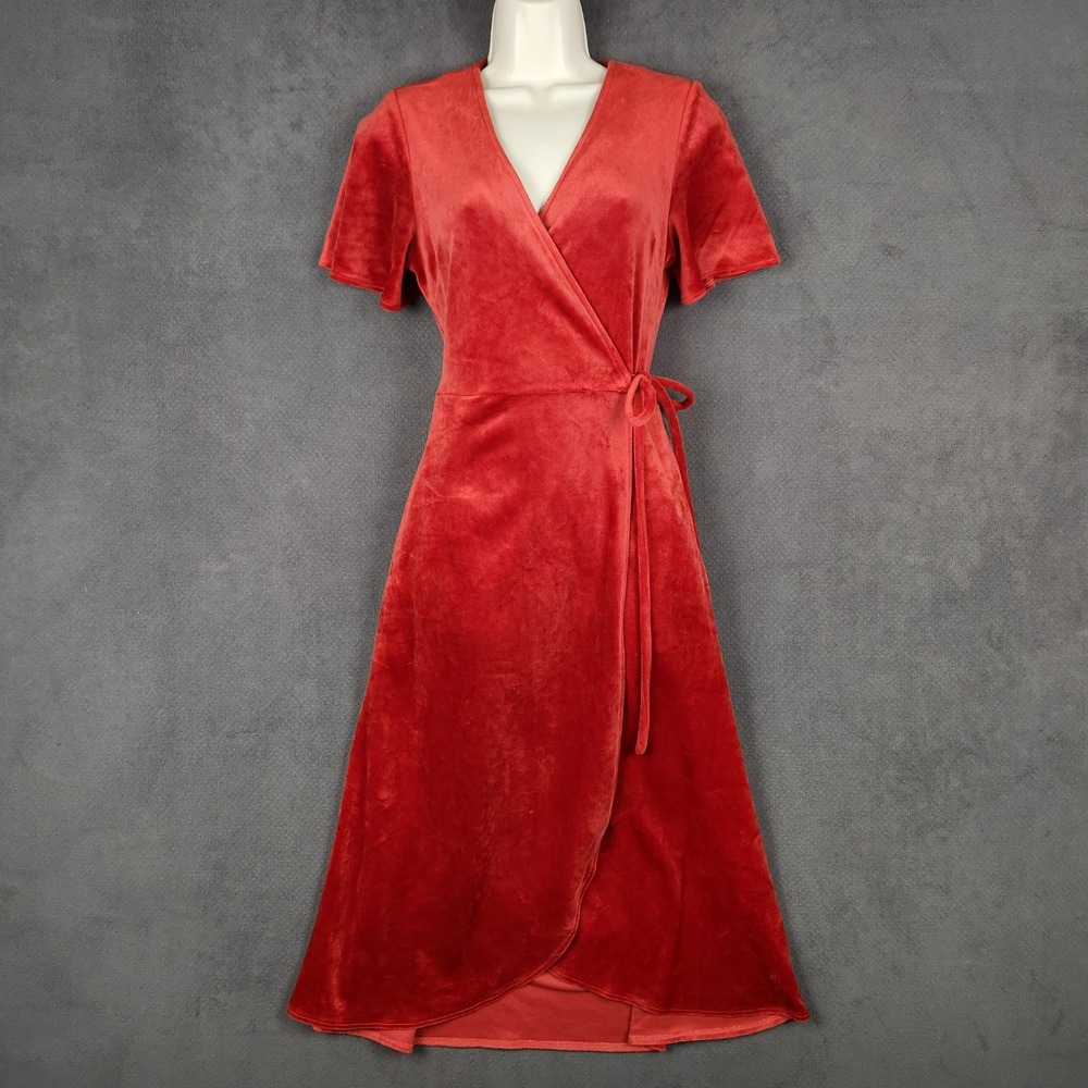 Marine Layer‎ Viola Velour Wrap Dress Womens XS Red Dahlia Midi Flutter Sleeve